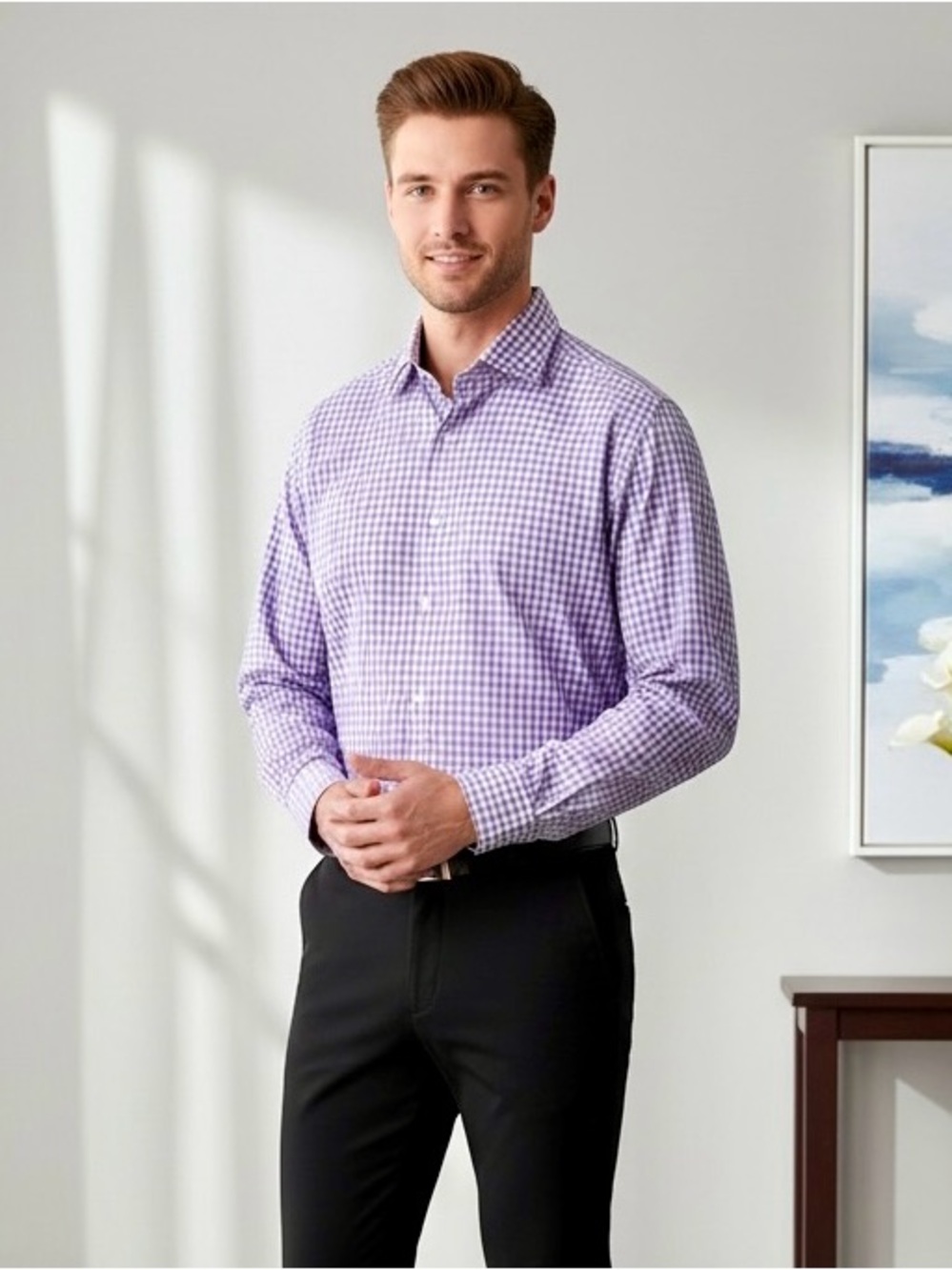 Posh Designs Bangkok Men's Dress Shirt Medium Purple Gingham Button Up